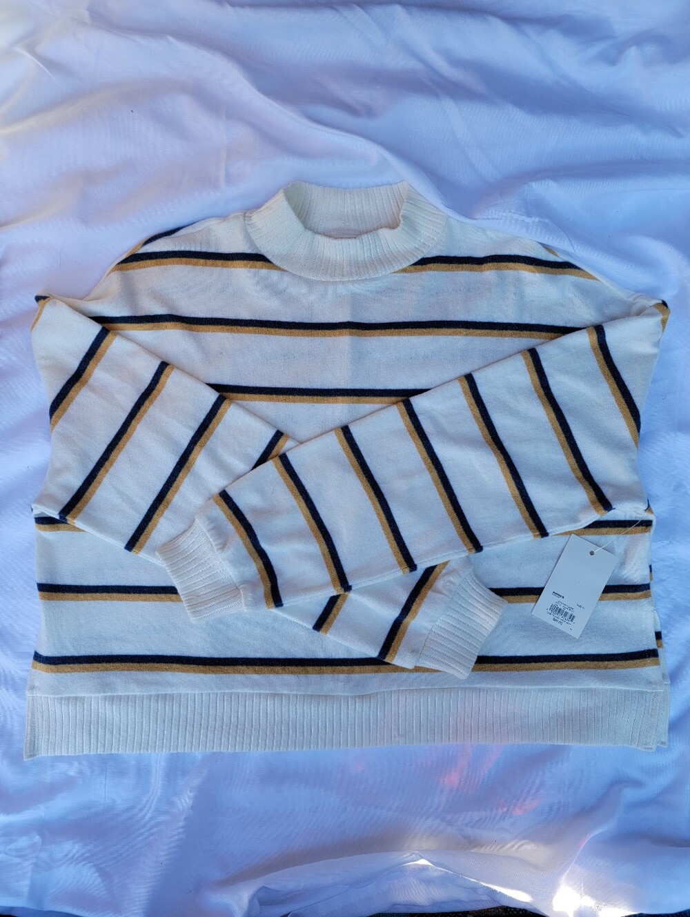 SO Cream Mustard Teal Striped Mock Neck Sweater NWT